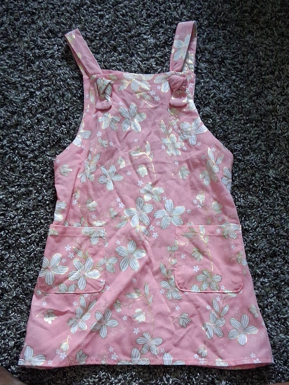 Girls' Pink Floral Overall Dress with Knot-Strap Details
